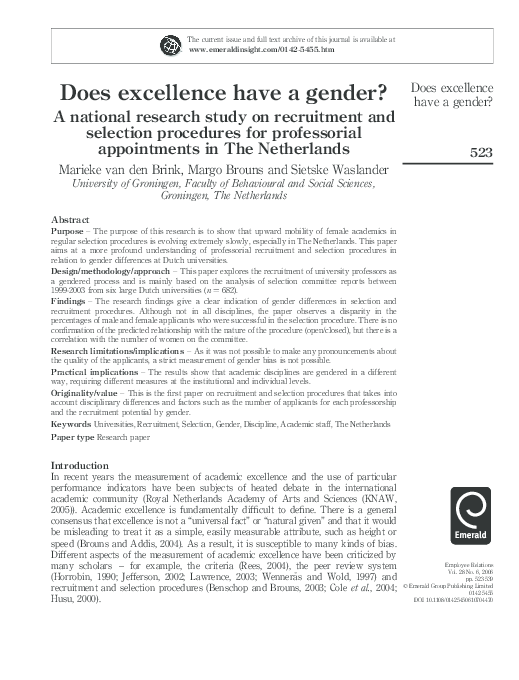 PDF) Does excellence have a gender?: A national research study on 
