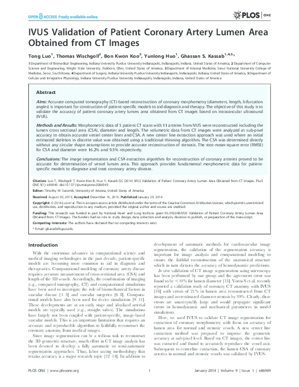 (PDF) IVUS Validation of Patient Coronary Artery Lumen Area Obtained ...