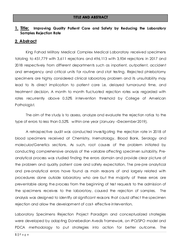 (PDF) Improving Quality Patient Care and Safety by Reducing the