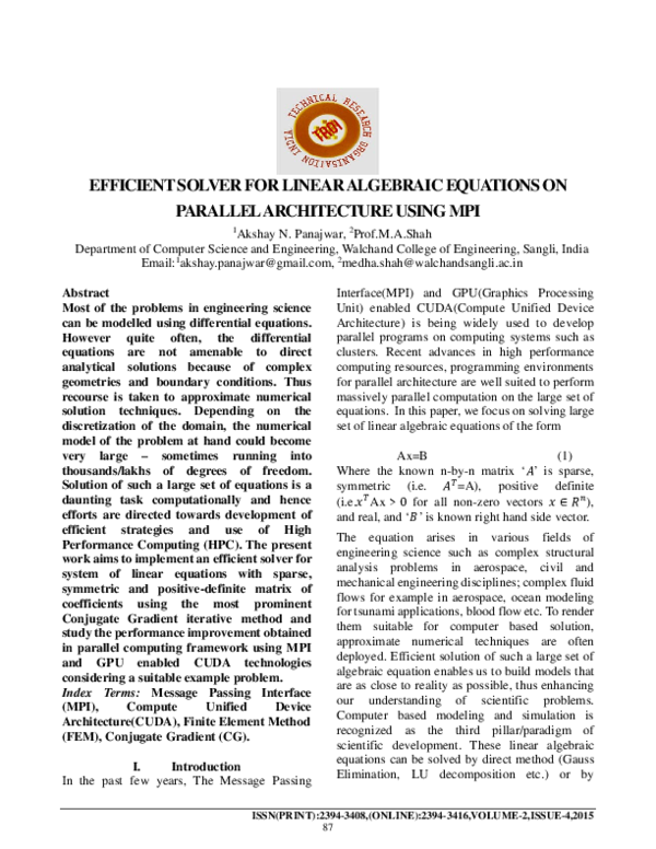(PDF) EFFICIENT SOLVER FOR LINEAR ALGEBRAIC EQUATIONS ON PARALLEL ...
