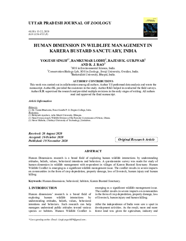 (PDF) UTTAR PRADESH JOURNAL OF ZOOLOGY HUMAN DIMENSION IN WILDLIFE ...