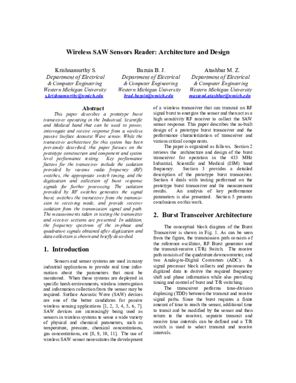 (PDF) Wireless SAW Sensors Reader: Architecture and Design