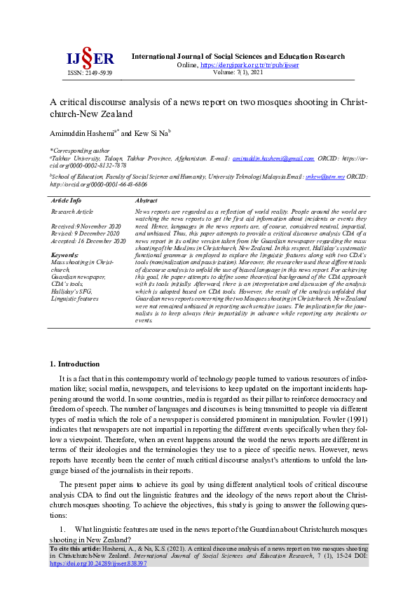 (PDF) A critical discourse analysis of a news report on two mosques ...