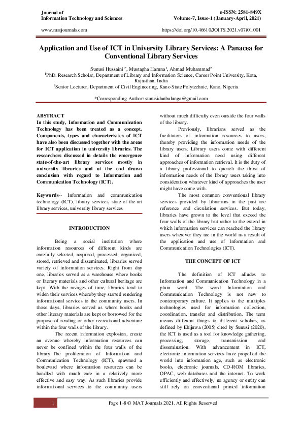 (PDF) Application and Use of ICT in University Library Services: A ...