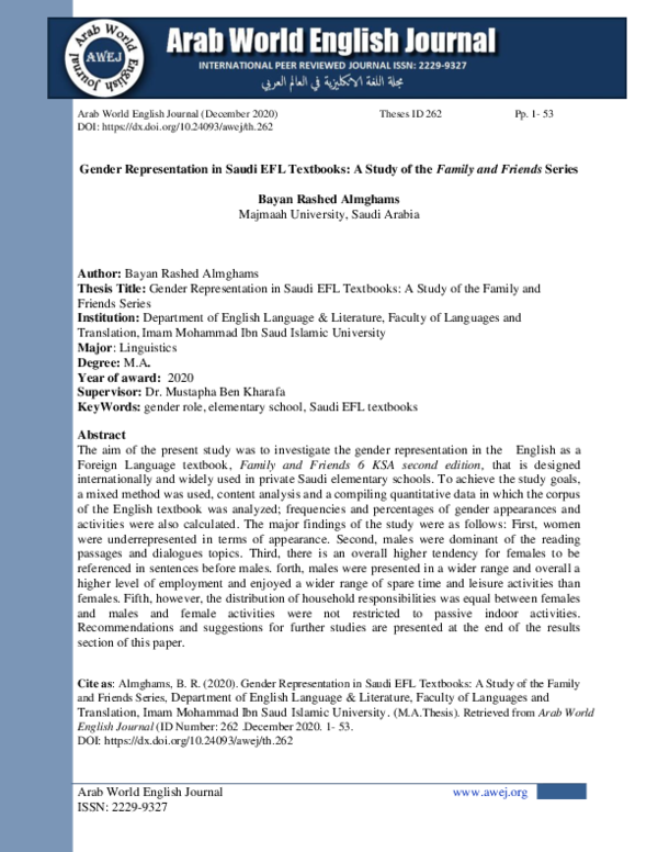 (PDF) Gender Representation in Saudi EFL Textbooks: A Study of the ...