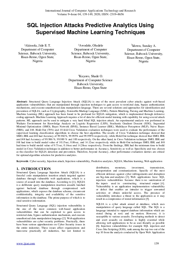(PDF) Ijcatr09041004 SQL Injection Attacks Predictive Analytics Using ...