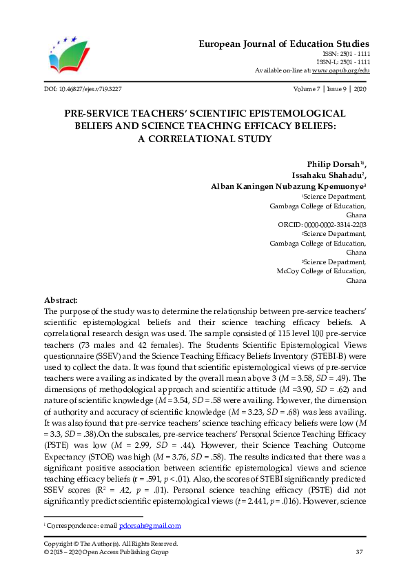 (PDF) Pre-Service Teachers' Scientific Epistemological Beliefs And ...