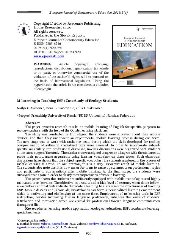 (PDF) M-learning in Teaching ESP: Case Study of Ecology Students