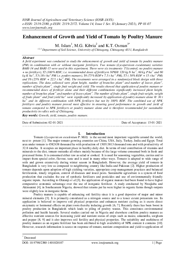 (PDF) Enhancement of Growth and Yield of Tomato by Poultry Manure