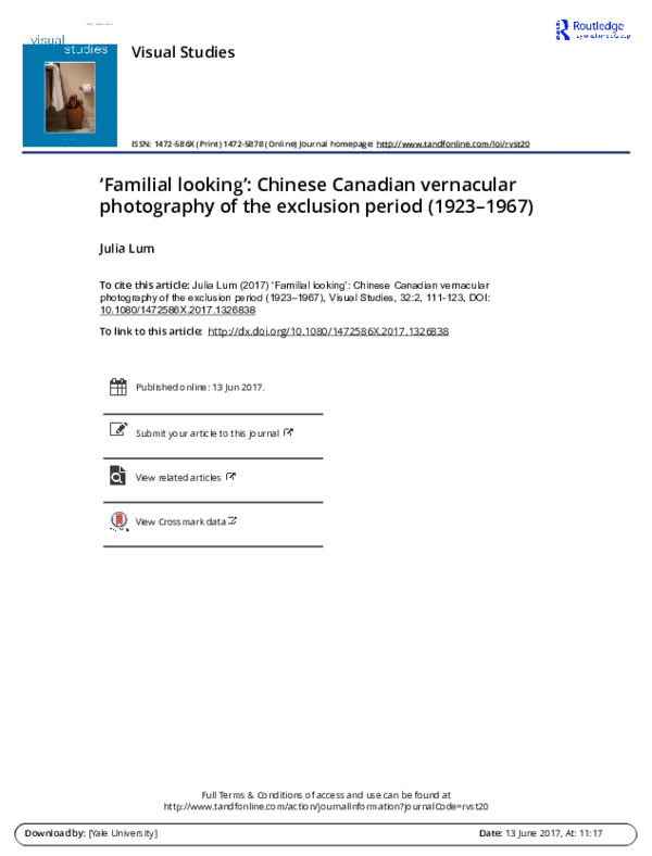 PDF) 'Familial looking': Chinese Canadian vernacular photography