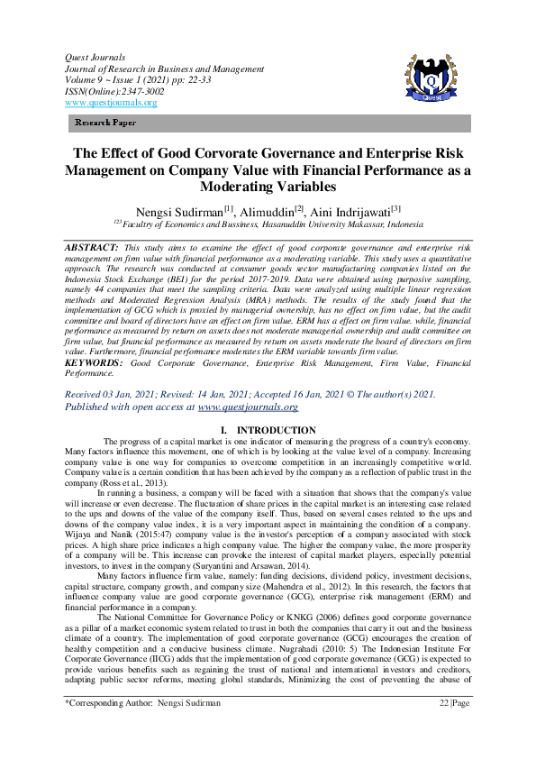 (PDF) The Effect of Good Corvorate Governance and Enterprise Risk ...