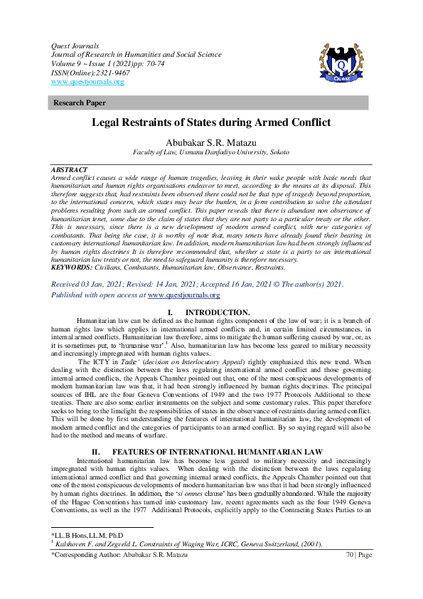(PDF) Legal Restraints of States during Armed Conflict QUEST JOURNALS