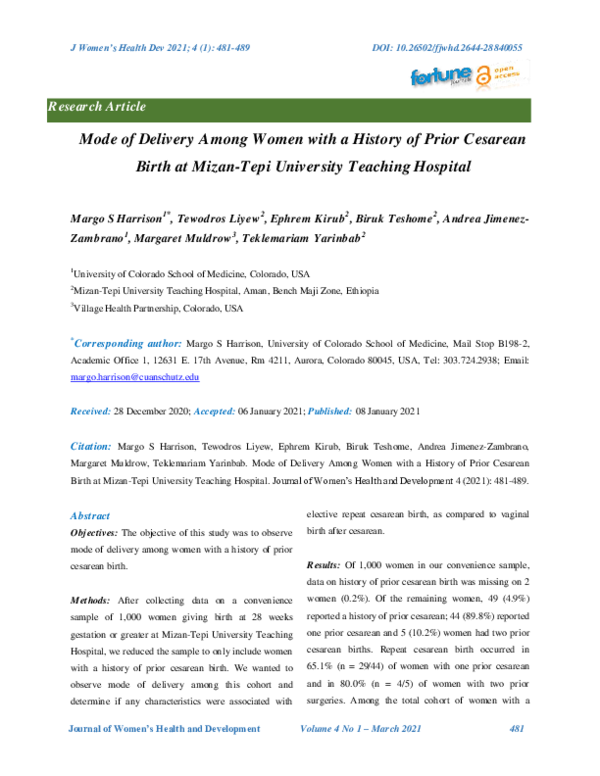 (PDF) Mode of Delivery Among Women with a History of Prior Cesarean ...