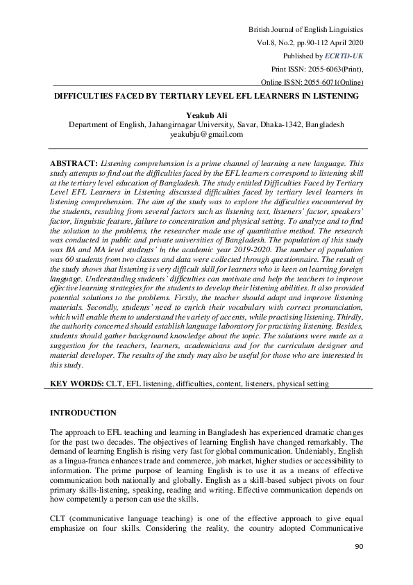 (PDF) DIFFICULTIES FACED BY TERTIARY LEVEL EFL LEARNERS IN LISTENING