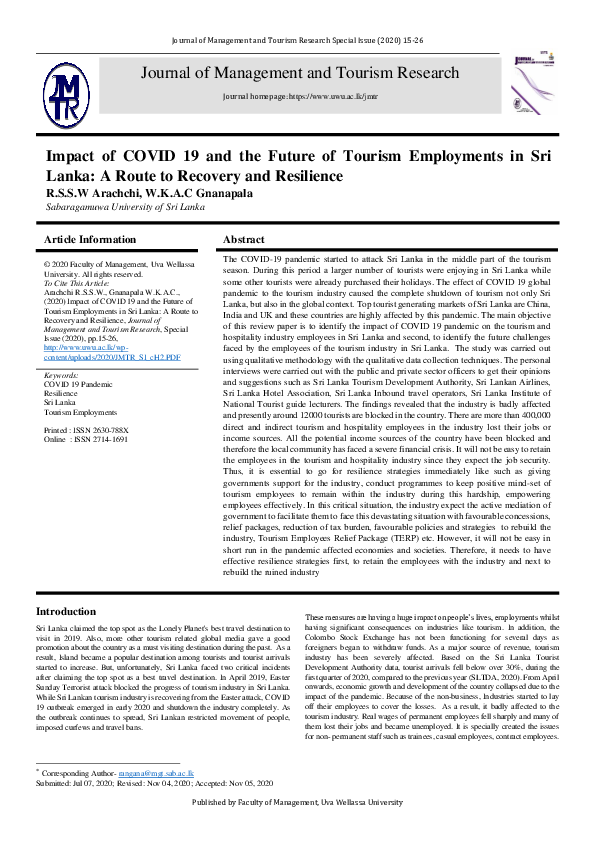 (PDF) Impact of COVID 19 and the Future of Tourism Employments in Sri ...