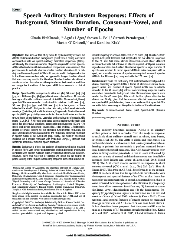 (PDF) Speech Auditory Brainstem Responses: Effects of Background ...