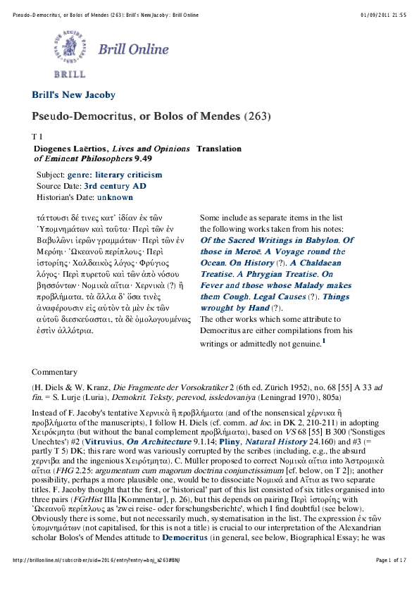 (PDF) PseudoDemocritus, or Bolos of Mendes (BNJ 263 = FGrHist 263)