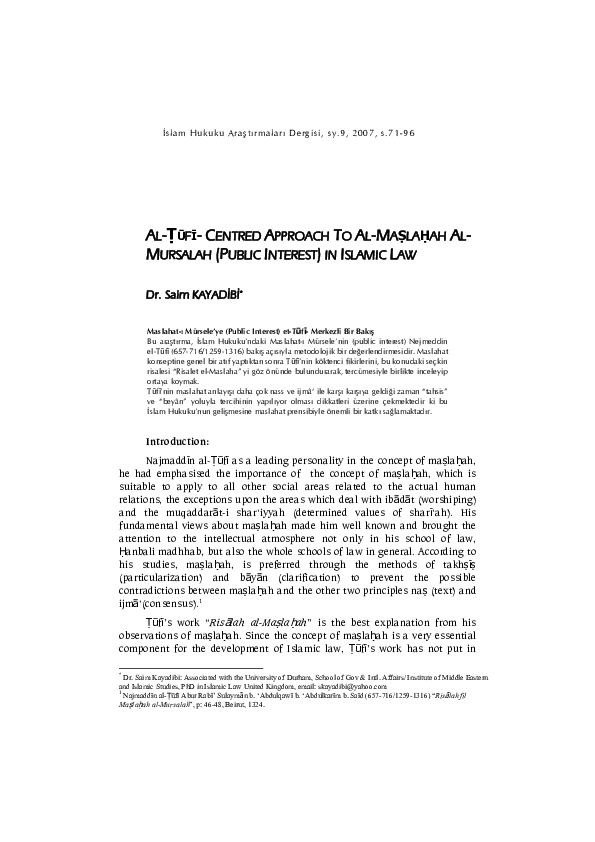 (PDF) Al-Tufi Centred Approach to Al- Maslahah Al-Mursalah (Public ...