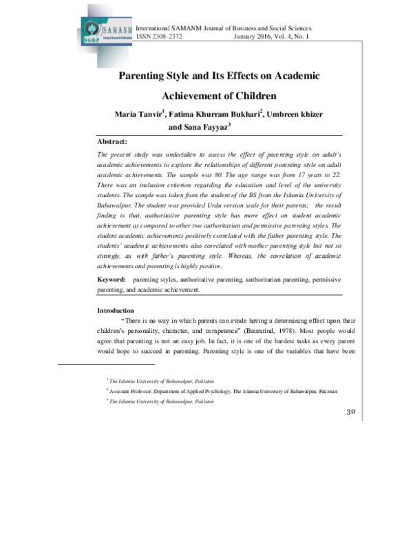 (PDF) Parenting Style and Its Effects on Academic Achievement of Children