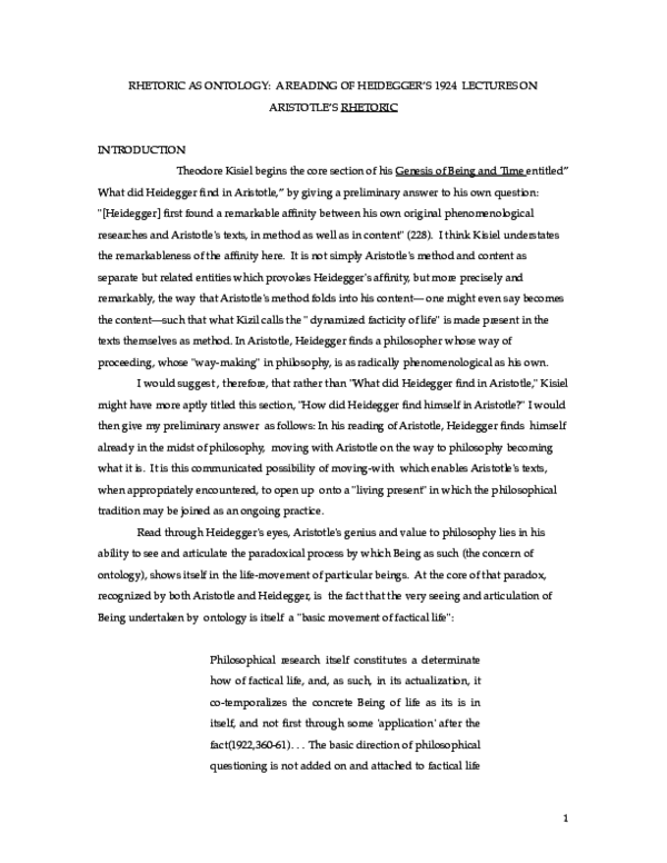 (PDF) RHETORIC AS ONTOLOGY: A READING OF HEIDEGGER'S 1924 LECTURES ON