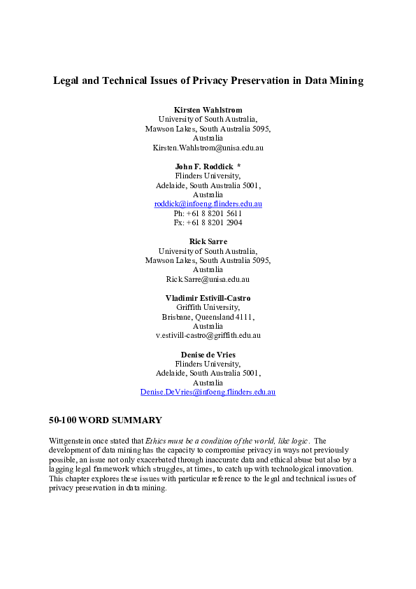(PDF) Legal and technical issues of privacy preservation in data mining