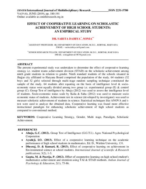 (PDF) EFFECT OF COOPERATIVE LEARNING ON SCHOLASTIC ACHIEVEMENT OF HIGH ...
