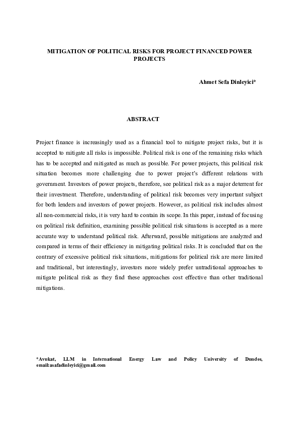 (DOC) MITIGATION OF POLITICAL RISKS FOR PROJECT FINANCED POWER PROJECTS