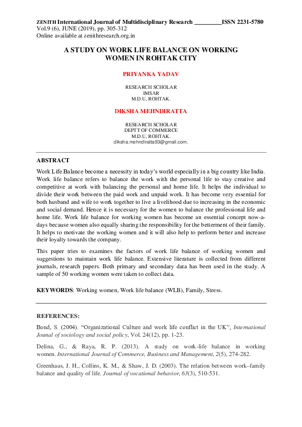 (PDF) A STUDY ON WORK LIFE BALANCE ON WORKING WOMEN IN ROHTAK CITY