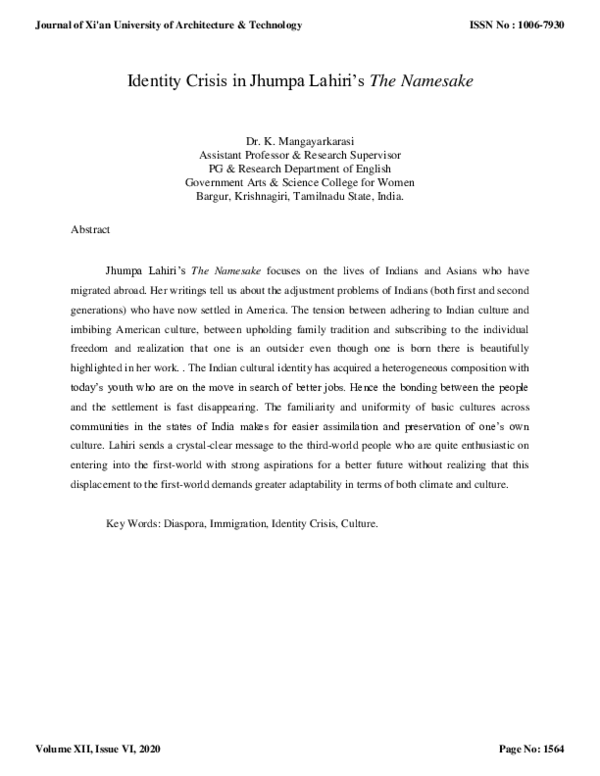 (PDF) Identity Crisis in Jhumpa Lahiri's The Namesake