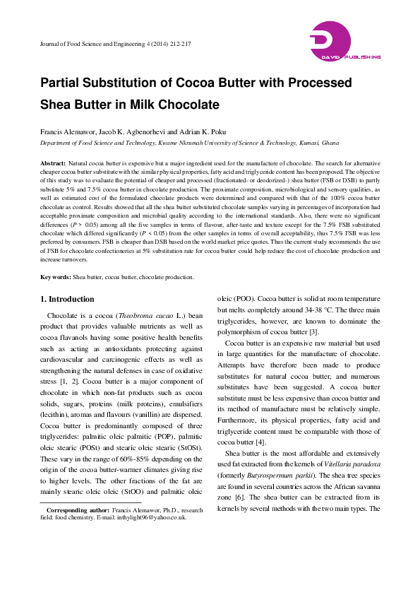(PDF) Partial Substitution of Cocoa Butter with Processed Shea Butter