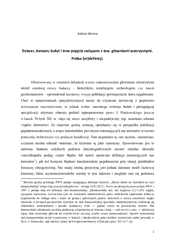 (PDF) Dziwer, damast, bułat i inne pojęcia związane z tzw. głowniami