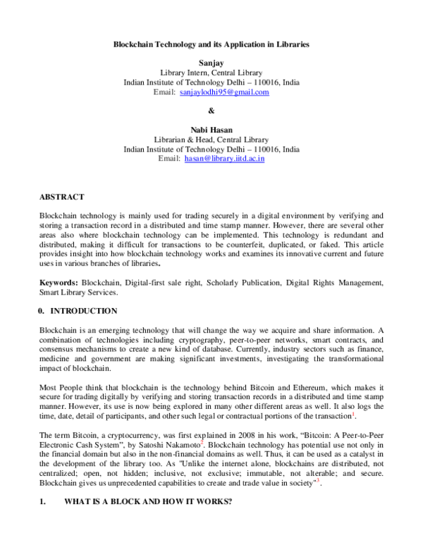 (PDF) Blockchain Technology and its Application in Libraries