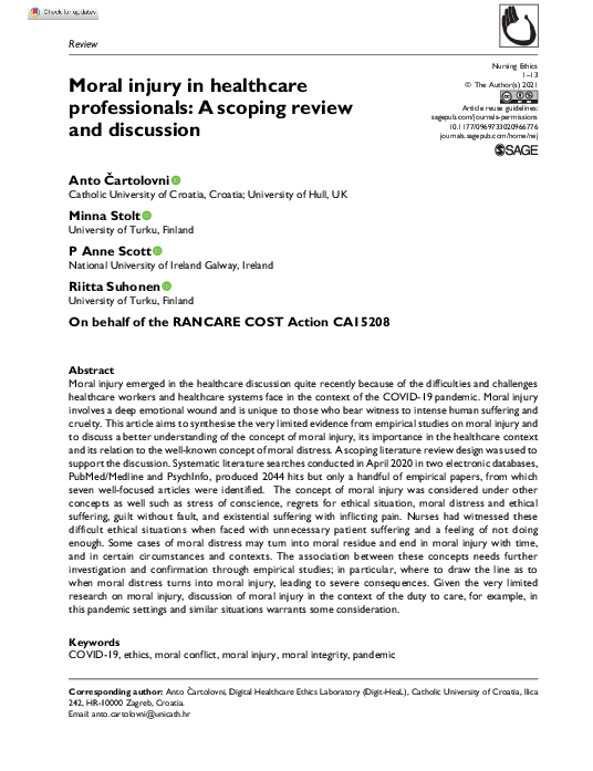 (PDF) Moral injury in healthcare professionals: A scoping review and ...