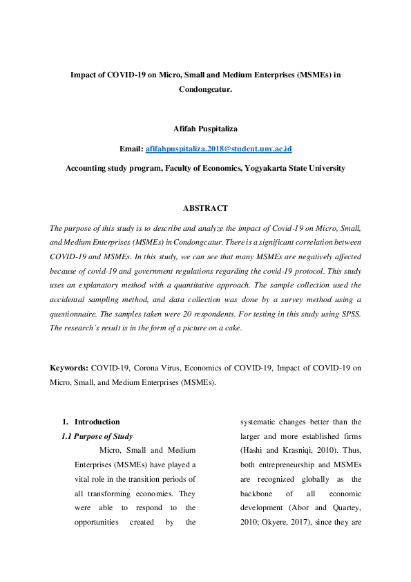 (PDF) Impact of COVID-19 on Micro, Small and Medium Enterprises (MSMEs ...