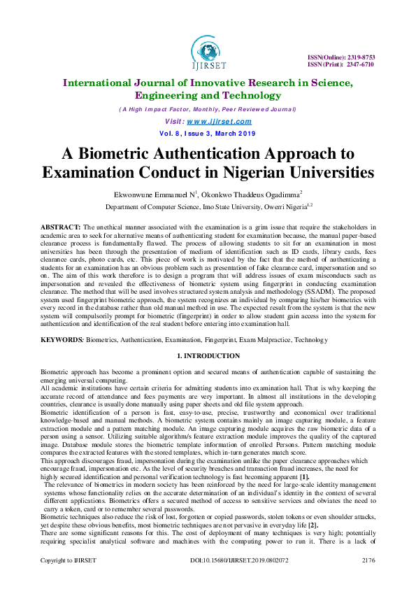 (PDF) A Biometric Authentication Approach to Examination Conduct in ...