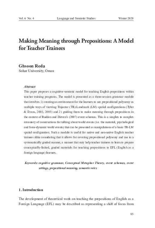 (PDF) Making Meaning through Prepositions: A Model for Teacher Trainees
