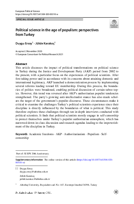 (PDF) Political science in the age of populism: perspectives from Turkey