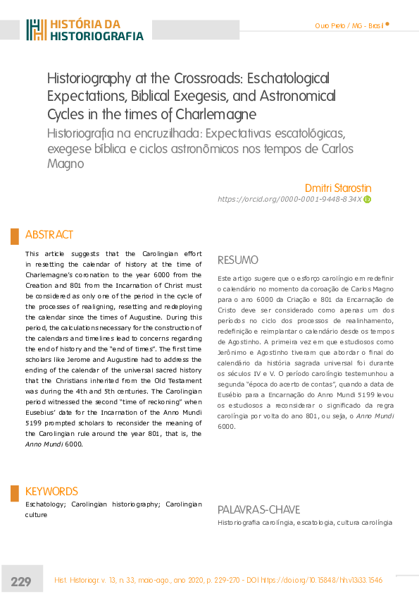 [DOSSIÊ] Historiography at the Crossroads: Eschatological Expectations, Biblical Exegesis, and Astronomical Cycles in the times of Charlemagne