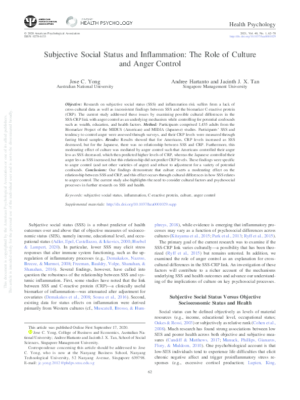 (PDF) Subjective Social Status and Inflammation: The Role of Culture ...
