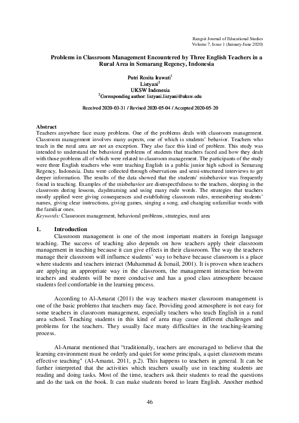 (PDF) Problems in Classroom Management Encountered by Three English ...