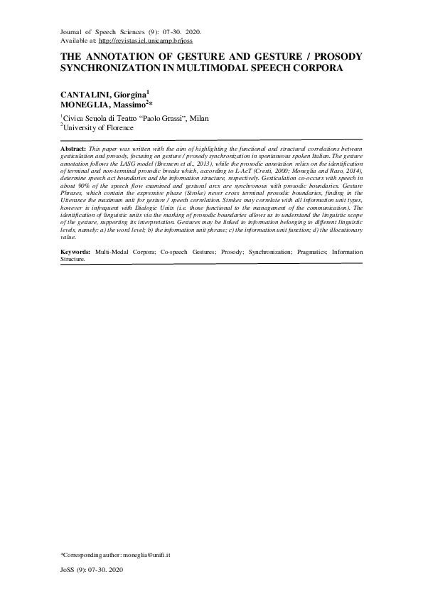 (PDF) THE ANNOTATION OF GESTURE AND GESTURE / PROSODY SYNCHRONIZATION ...
