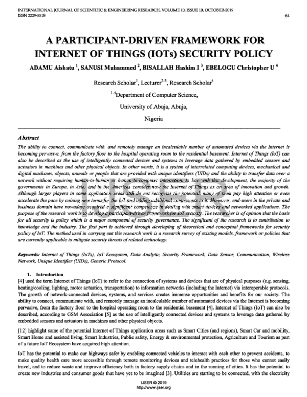 (PDF) A PARTICIPANT DRIVEN FRAMEWORK FOR INTERNET OF THINGS IOT ...