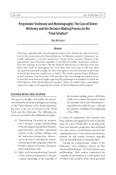 (PDF) Perpetrator Testimony and Historiography The Case of Dieter