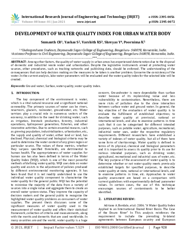 (PDF) IRJET- DEVELOPMENT OF WATER QUALITY INDEX FOR URBAN WATER BODY