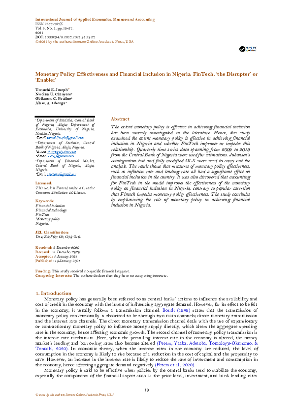 (PDF) Monetary Policy Effectiveness and Financial Inclusion in Nigeria ...