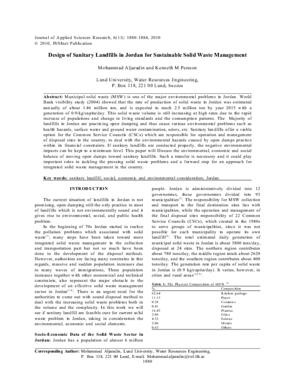 (PDF) Design of Sanitary Landfills in Jordan for Sustainable Solid ...