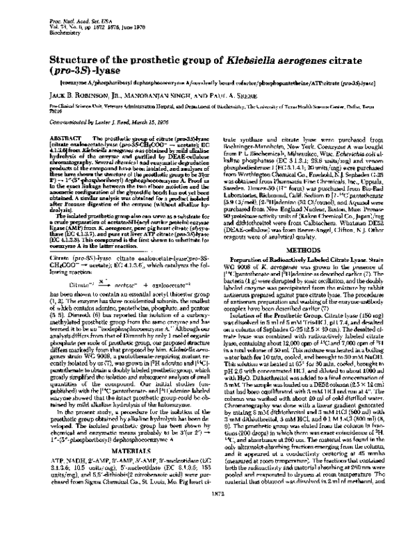 (PDF) Structure of the prosthetic group of Klebsiella aerogenes citrate