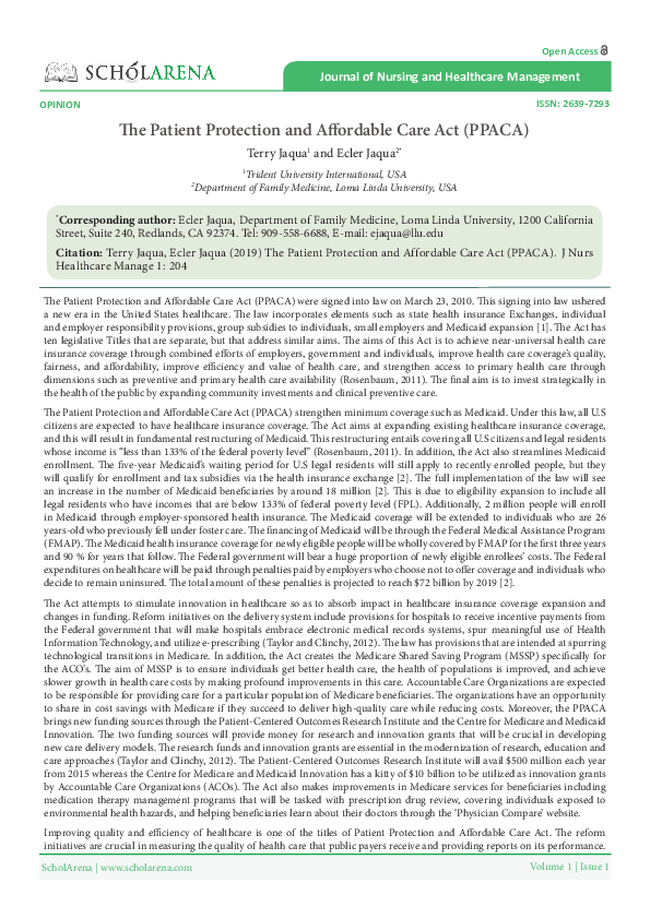 (PDF) The Patient Protection and Affordable Care Act (PPACA)