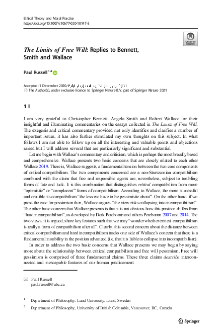 (PDF) The Limits of Free Will: Replies to Bennett, Smith and Wallace