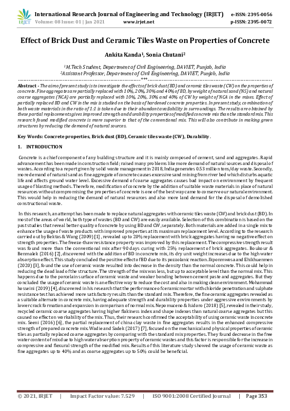 (PDF) IRJET- Effect of Brick Dust and Ceramic Tiles Waste on Properties ...